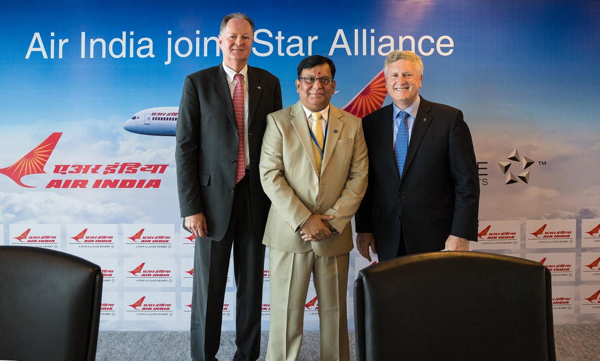 Austrian CEO Jaan Albrecht (left), Air India CMD Rohit Nandan (centre) and Star Alliance CEO Mark Schwab (right).