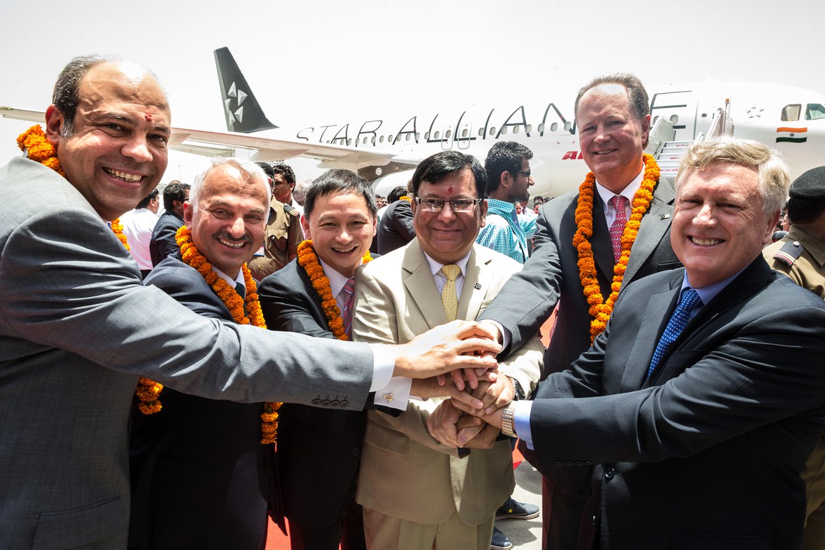 Star Alliance CEOs celebrate as Air India joins Star Alliance. EGYPTAIR CEO Sameh El Hefny, Turkish Airlines CEO Temel Kotil, Singapore Airlines CEO Choon Phong Goh, Air India CMD Rohit Nandan, Austrian Airlines CEO Jaan Albrecht and Star Alliance CEO Mark Schwab.